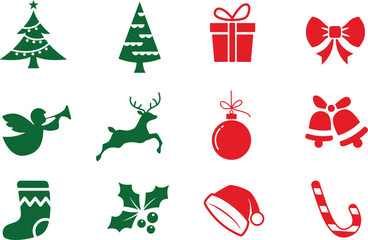 red and green icon set of christmas xmas ornament decoration decor santa claus tree gift celebration