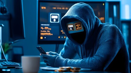 Thief Concealed Behind a Fraudulent Bank App on a Smartphone Device   Representing Cybercrime Financial Fraud and the Vulnerability of Digital Banking Systems
