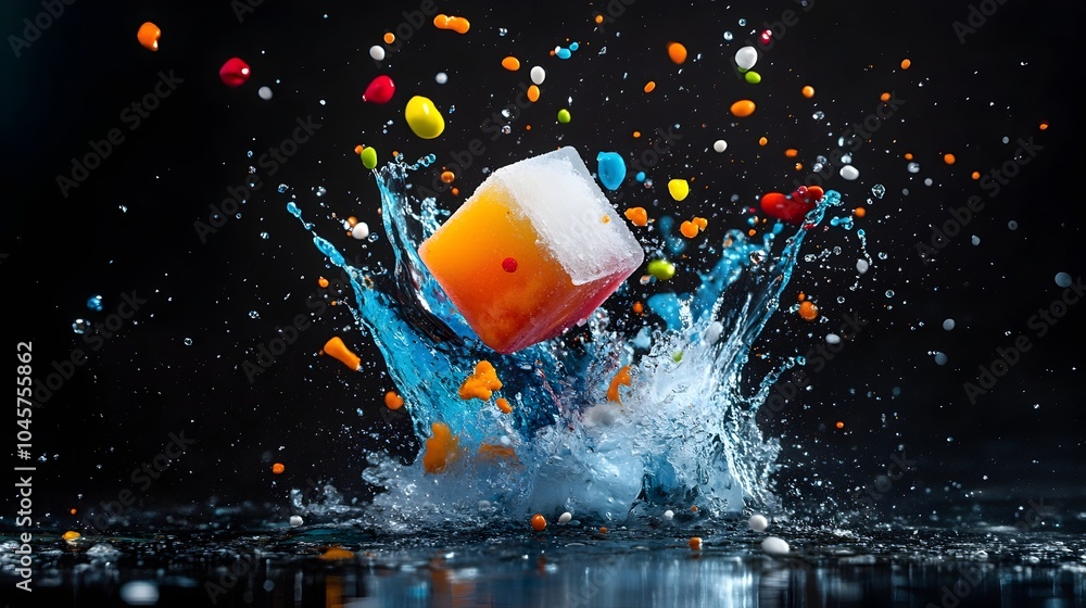 Vibrant Colorful Splash as an Ice Cube Dipped in Food Coloring Hits ...