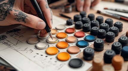 Vibrant and colorful tattoo ink palette displayed alongside a custom design sheet showcasing the and creative possibilities for body art and fashion