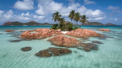 Wall Mural - A tropical island with jagged rocks, clear ocean water, and a sunny sky, perfect for relaxation and adventure.