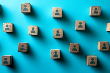 Blue Background Wooden Blocks with People Icons - Collaboration and Representation