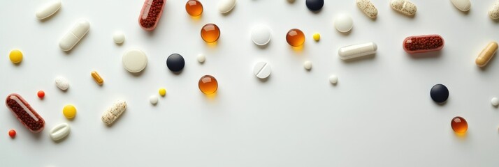 Aufkleber - Various vitamins, supplements, and healthy foods are artfully arranged on a white surface, showcasing a commitment to wellness and nutrition. Generative AI