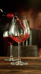 Poster - Super Slow Motion of Pouring Red Wine into Glass. Filmed on High Speed Cinema Camera, 1000 fps. Wine Cellar on Background. Vertical Aspect Ratio. Camera in Motion.