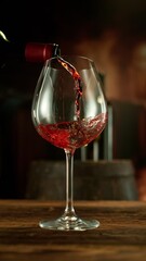 Poster - Super Slow Motion of Pouring Red Wine into Glass. Filmed on High Speed Cinema Camera, 1000 fps. Wine Cellar on Background. Vertical Aspect Ratio. Camera in Motion.