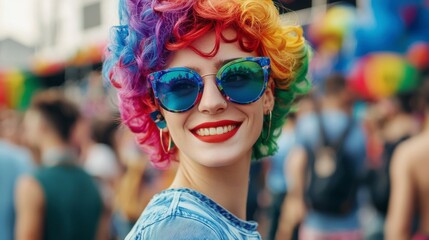 Vibrant celebration with a smiling individual in colorful attire and sunglasses at a lively event, radiating joy and inclusivity.