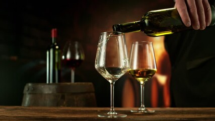 Poster - Super Slow Motion of Pouring White Wine into Glass. Filmed on High Speed Cinema Camera, 1000 fps. Wine Cellar on Background. Camera in Motion.