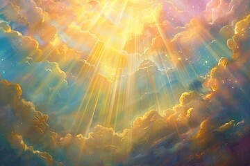 Beautiful sky at sunrise with clouds and sun. Heavenly light rays breaking through clouds. Divinity light. Easter morning. Biblical scene, heaven, sign from God.  Resurrection and ascension of Christ