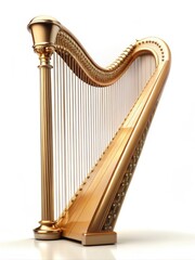 Wall Mural - Luxurious golden harp on a white background, ready to play enchanting melodies, evoking grace and romance