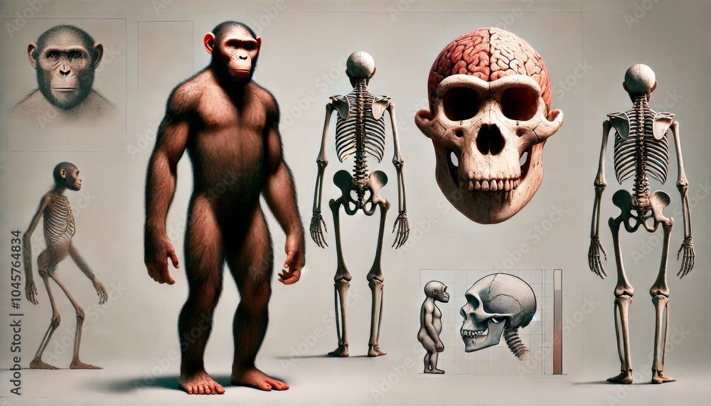 Scientific illustration of early human ancestor with skeletal and ...