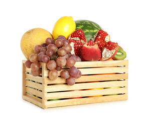 Wall Mural - Many different fresh fruits in wooden crate isolated on white