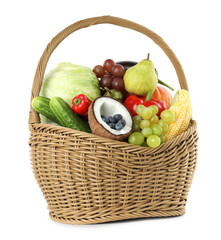 Sticker - Different fresh vegetables and fruits in wicker basket isolated on white