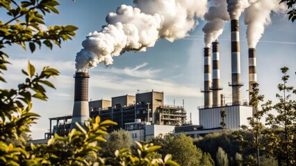 Smoke billows from the factory chimneys, contributing to air pollution