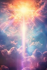 Beautiful sky at sunrise with clouds and sun. Heavenly light rays breaking through clouds. Divinity light. Easter morning. Biblical scene, heaven, sign from God.  Resurrection and ascension of Christ