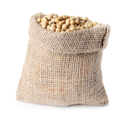 Wall Mural - Soy beans in burlap sack isolated on white