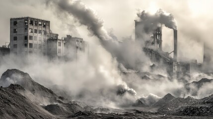 Heavy dust clouds surround a cement factory in a polluted landscape during production