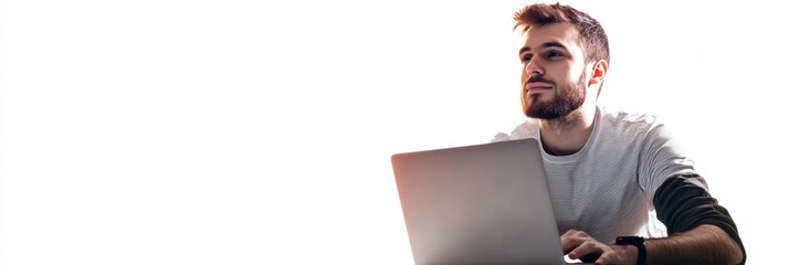 Leinwandbilder - A focused young man types on his laptop, immersed in remote work while seated in a clean, bright environment. Generative AI