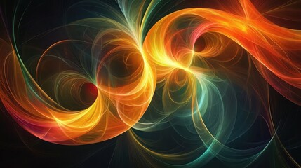 Wall Mural - Abstract digital art of swirling neon shapes, with radiant colors blending and pulsating against a dark background