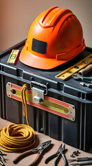 A yellow safety helmet alongside tools neatly arranged in a black toolbox, highlighting construction preparedness.