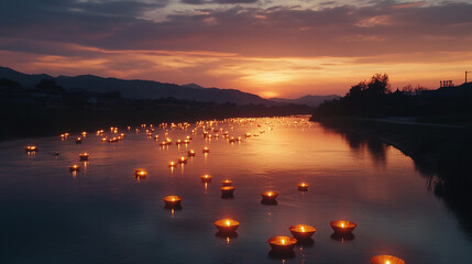 Many small, dark-colored boats on water, each holding a lit candle. Sunset colors.