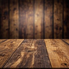 A rustic wooden table with a textured surface set against a warm brown wooden wall in a cozy interior setting