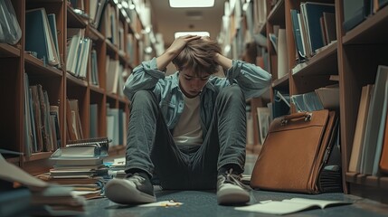 schoolchild sitting on the floor of the school corridor, holding his head, things scattered around him, textbooks, notebooks, briefcase, bullying