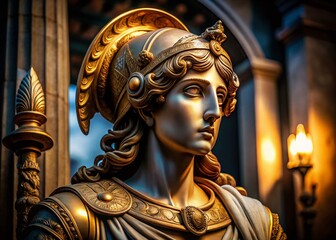 Low Light Photography of Athena Statue - Ancient Goddess of Philosophy and Wisdom