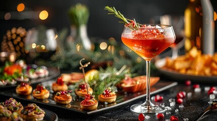 Festive cocktail and appetizers with bokeh lights at a holiday party