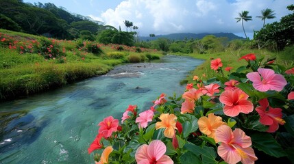 Tropical river surrounded by lush hibiscus flowers and palm trees in a green landscape