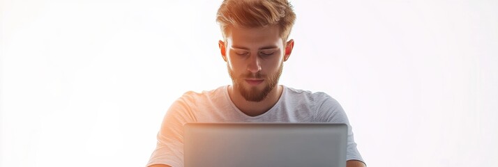 Aufkleber - A young man engages in remote work at a laptop, immersed in his task in a simple, well-lit environment. Generative AI