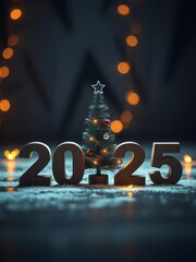 Sparkling golden 2025 numbers surrounded by christmas ornaments and fir branches for festive new year celebration and holiday season decor. New Year 2025. Ultra realistic. Photorealistic 