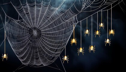 Spider Web with Hanging Spiders on dark background