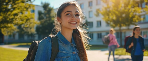 A student strolls through a vibrant campus on a sunny afternoon, showing a joyful smile while her friends walk in the background, creating a lively atmosphere