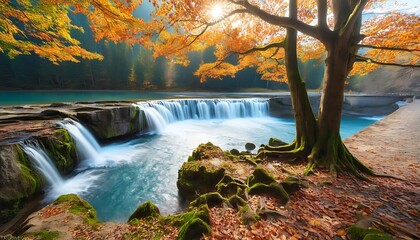 Autumn scenery, a symphony of waterfall and towering trees