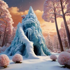 snow-capped giant rock wall with oversized, colorful gumdrop-inspired hand and footholds, ascending into the clouds, stands amidst a whimsical winter wonderland forest of towering, slender peppermint 