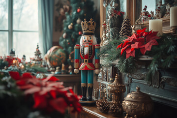 A festive nutcracker surrounded by holiday decorations in a cozy living room