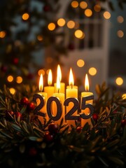 Candles spelling 2025, festive holiday lights, Christmas tree branches, bokeh background, warm glow, golden illumination, new year celebration, close-up photography, shallow depth of field, cozy atmos