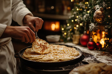 A cheerful chef flips pancakes in a festive kitchen adorned with holiday lights