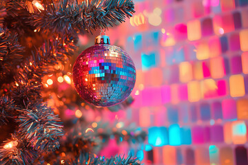 Close-up view of a colorful Christmas tree ornament shining brightly