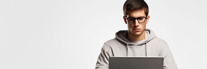 Leinwandbilder - A young man in a hoodie works attentively on his laptop, immersed in remote tasks against a simple white background. Generative AI