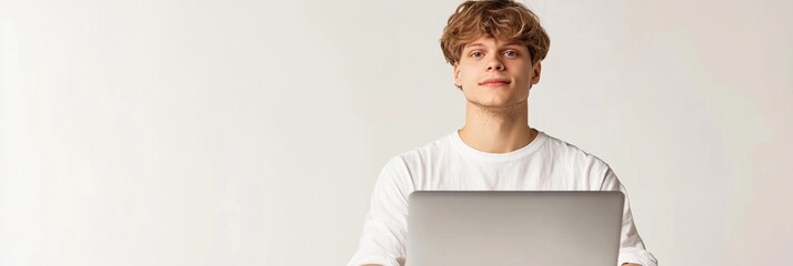 Leinwandbilder - A young man is engaged in freelance work on his laptop, showcasing concentration in a minimalist setting. Generative AI