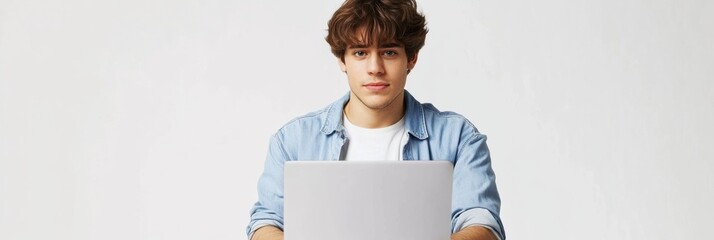 Poster - A young man focused on his laptop while freelancing remotely, surrounded by a bright and minimalist white backdrop. Generative AI