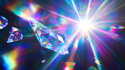 Wall Mural - blue light flare prism rainbow flares overlay effect on black background light crossing crystals pri