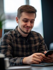 Smiling Young Man Using Cellphone