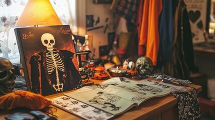 A retro Halloween costume pattern book from the 1960s, featuring handmade designs for witches, skeletons, and ghosts, resting on a sewing table