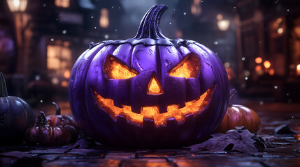 Halloween background with pumpkins and skull. Halloween background with evil pumpkin. Creepy and scary Halloween background. Halloween holiday banner concept.