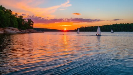 Sailboat floats on the sunset.Sailboats on the beautiful Lake.