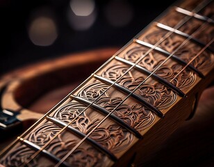 close up of a beautifully crafted guitar fretboard showcasing intricate inlays