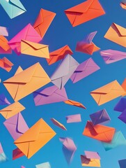 A vibrant illustration of colorful envelopes flying against a blue digital sky, symbolizing communication, connection, message delivery, digital world, and innovation.