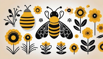 cute folk art bee bee with flower vector illustration flat design black and white vector cartoon set icon honey bee